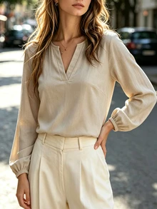 SHEIN Women's Autumn Cotton Linen Blend Shirt With Stand Collar, Split V-Neck, Lantern Long Sleeves, Suitable For Commuting, Travel, Daily Outings - Apricot - View 3