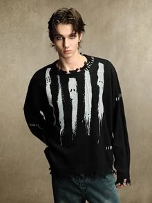 ROMWE MEN Men's Brush Pattern Distressed Hem Drop Shoulder Loose Fit Long Sleeve Sweater - Black - View 5