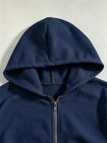 SHEIN 青少年女孩拉鍊式落肩長袖寬鬆休閒街頭風運動外套，保暖內裡基礎款秋冬返校 Y2K 瑜伽海軍藍 - 藏蓝色 - 查看 4