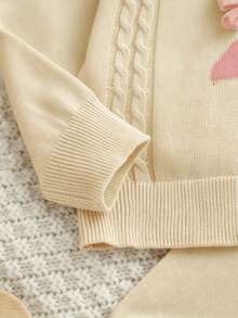SHEIN Baby Girls Knit Outfit, Bow & Rabbit Lace Pullover Top + Knitted Pants - White - View 5