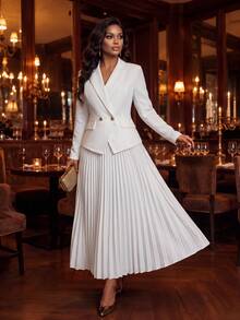 Fleurora Plus Size Women Solid Color Lapel Neck Long Sleeve Blazer And Pleated Skirt Elegant 2 Pieces Set - Multicolor - View 3