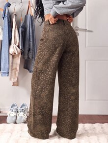 SHEIN Tall 中腰楓葉迷彩印花水洗牛仔直筒褲 - 棕色 - 查看 2