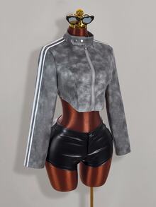 Amplova Autumn/Winter Fur Collar Patchwork PU Women's Jacket - Grey - View 16
