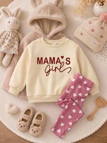 SHEIN 女嬰加厚抓絨落肩字母印花套頭上衣與彈心印花內搭褲套裝，適合冬季 - 粉色 - 查看 3