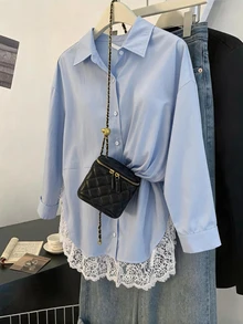 Franclia Plus Size Women's Elegant Solid Color Long Sleeve Lace Trim Patchwork Loose Fit Spring Autumn Blouse - Blue - View 2