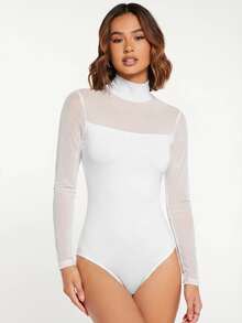 SHEIN BASICS Bodysuit Wanita Warna Polos Kerah Tinggi dengan Detail Jala Kontras Lengan Panjang - Putih - View 2