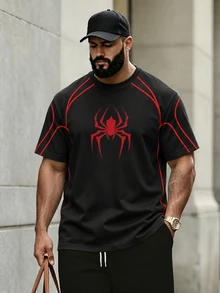 Manfinity Roghcode Spider Graphic Plus T-Shirt, Halloween Gothic Print Black Red Gradient Tee, Unisex Hip Hop Streetwear Top - Black - View 3