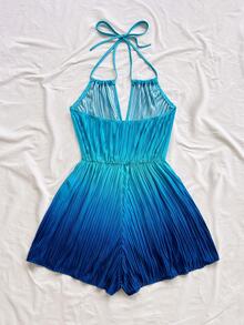 Soleia Romper Wanita Ukuran Besar Warna Biru Gradien dengan Lipatan Tusuk Gigi, Leher V, Tali Belakang Halter, Pinggang Terikat, Potongan Kaki Lebar dan Bervolume - Biru - View 2