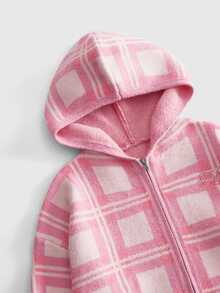 ROMWE MEN Men's Casual Streetwear Rose Red Plaid Hooded Cardigan Sweater - Pink - View 3