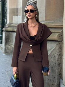 Aloruh Suit Jacket With Ribbon Detail And Long Pants, Office Commute Outfit Set - Purple - View 1