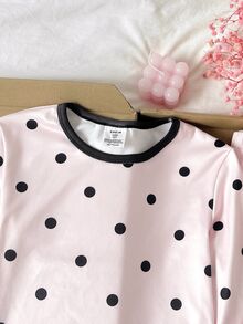 SHEIN Tween Girls Tween Girl Polka Dot Print Simple Trim Fitted Loungewear - Multicolor - View 6