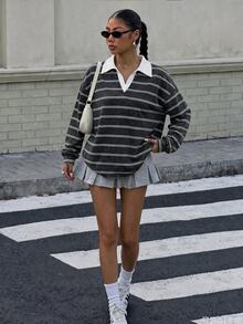 Muchica 女款 Polo 領長袖寬鬆休閒運動衛衣，黑白條紋圖案，簡約運動街頭風，百搭聚會機場穿搭 Y2K 上衣，女款秋季服飾，秋季穿搭，女款通勤穿搭，百搭上衣，外出穿搭，機場穿搭 - 彩色 - 查看 5