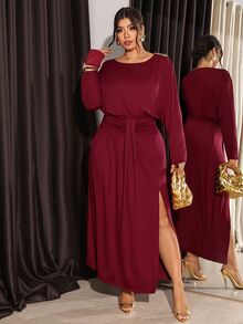 Firerie Purple-Red Autumn/Winter Waist-Cinching Flared High-Slit Long Sleeve Elegant Dress/Shoulder Metal Buckle Fall/Winter Elegant Wedding Guest Dress Women - Red Violet - View 5