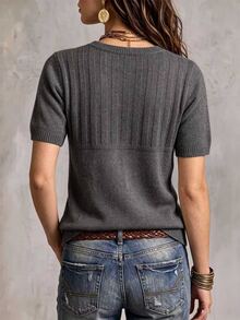 SHEIN Casual Loose Round Neck Short Sleeve Half-Placket Button Design Grey Women's Autumn Sweater,Women Fall Winter Sweater,Christmas,New Year,Social - Dark Grey - View 2