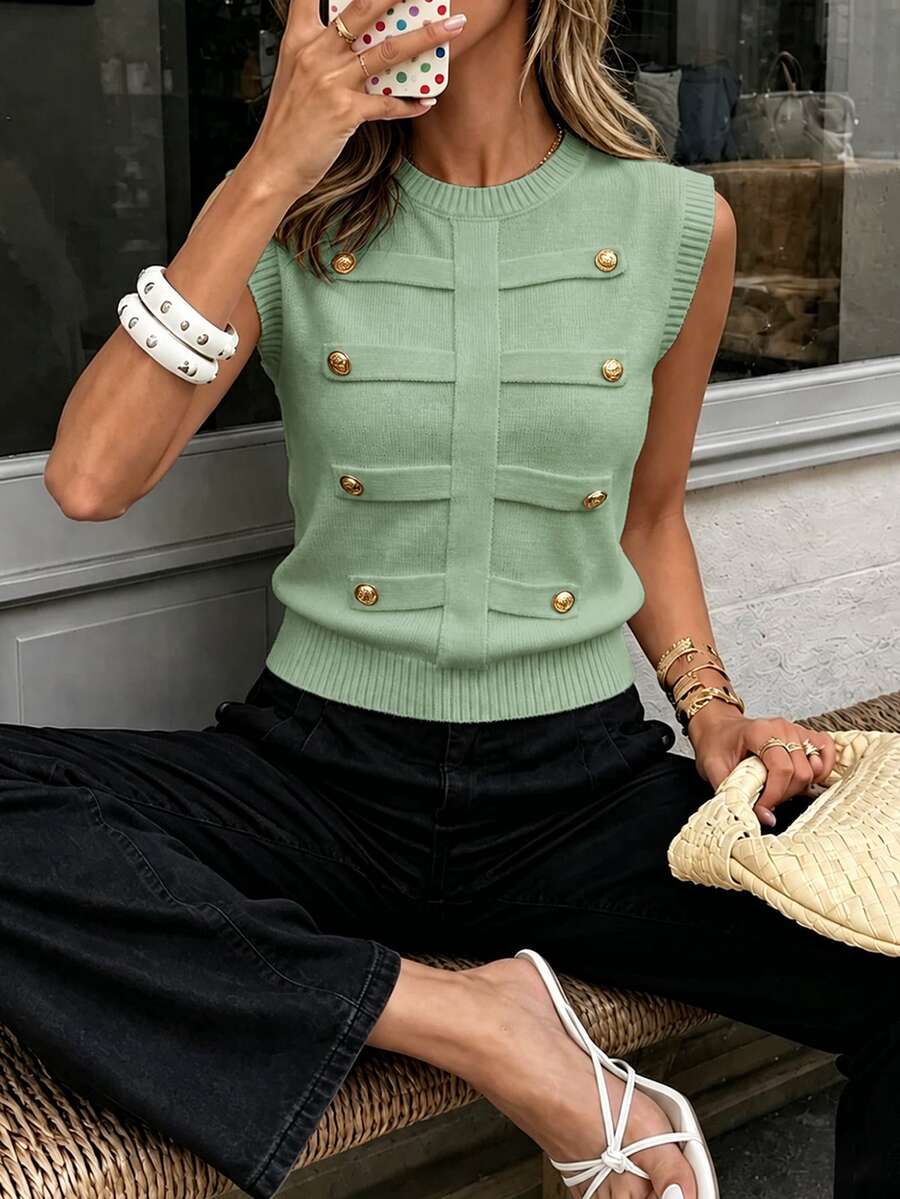 SHEIN PariChic 女款秋冬休閒無袖拿破崙鈕扣圓領針織背心 - 綠色 - 查看 1