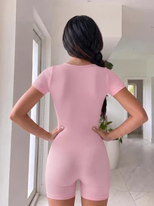 SHEIN Sovereign Charm 無縫羅紋高彈性瑜伽連身衣 - 粉色 - 查看 2