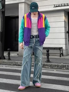 AXEPEAK 男士梭織時尚休閒寬鬆拼接開襟夾克 - 彩色 - 查看 3