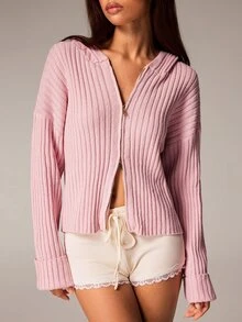 Athîral Ladies' Casual Soft Ribbed Knitted Hooded Long Sleeved Pink Casual Oversized Zipper Cardigan Sweater, Suitable For Daily Home Wear In Autumn And Winte - Pink - View 3