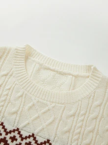 SHEIN New Christmas Cable Knit Crew Neck Fair Isle Pullover Sweater - Apricot - View 7