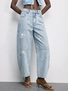 Maija Women's Casual Loose Fit Denim Jeans With Pocket And Rhinestone Curved Hem - Light Wash - View 5