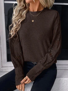 Easowa Women's Round Neck Lantern Sleeve Lace Patchwork Ribbed Texture Casual Autumn/Winter Base Layer Top Business Brunch Dark Brown Floral - Brown - View 3