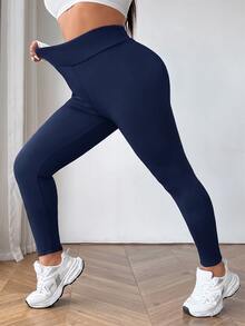 SHEIN EZwear Plus Size Women Solid Color Casual Versatile Daily Wear Tight Leggings - Navy Blue - View 5