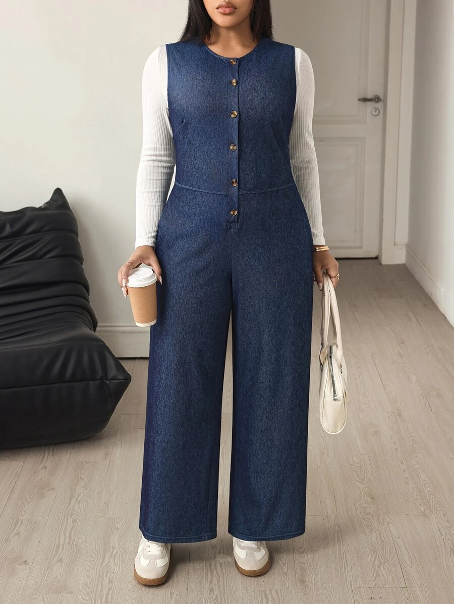 Flexra Jumpsuit Denim Kasual Wanita Ukuran Besar