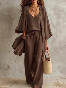 Solivie Autumn 3-Piece Solid Color Open Front Cardigan, Camisole And Pants Linen Set, Casual Daily Wear, Suitable For Vacation And Home Loungewear, Coffee Brown - Coffee Brown - View 5
