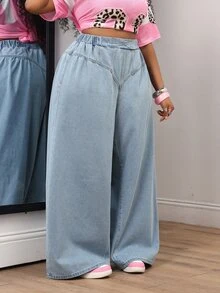 Slaydiva Plus Size Women's High Waist Loose Casual Versatile Denim Wide Leg Pants - Black - View 5
