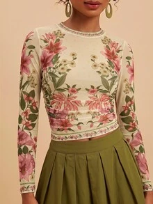 Travachic 女款花卉印花圓領長袖修身時尚上衣 - 彩色 - 查看 5