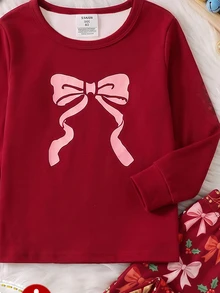 Young Girls Pajamas New Hot-Selling UV Light Glow-In-The-Dark Bow & Combination Pattern Red Round Neck High-Elastic Top With All-Over Print Long Pants 2 Pieces Set, Snug Fit, Autumn/Winter Loungewear, 1 Set - Multicolor - View 5