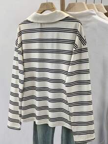 Écloséra Curve Elegant Vintage Striped Collared Knit Long Sleeve Plus Size T-Shirt - Black and White - View 2