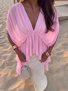 Aloruh Women's Solid Color V-Neck Batwing Sleeve Ruffle Hem Fashion Top - Baby Pink - View 5