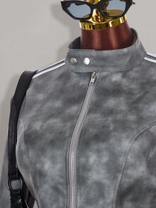 Amplova Autumn/Winter Fur Collar Patchwork PU Women's Jacket - Grey - View 14