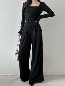 FRIFUL Bộ 2 món áo nữ mùa thu màu trơn phối vải lưới - màu nâu - Xem 1