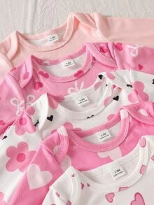 SHEIN Newborn Set Bow Baby Girl Top Spring Fall Knit Print Long Sleeve Lightweight Cuffed Butterfly Sweet Pants Outdoor Khaki Grey Sets Matching Sets - Pink - View 8
