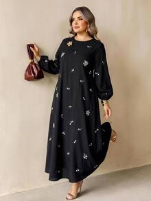 SHEIN CURVE+ Plus Size Round Neck Lantern Sleeve Long Sleeve Floral Print Dress Fall - Multicolor - View 4