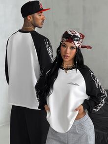 Coolane Women's Fall/Winter Streetwear Athleisure Graphics Color-Blocked Long Sleeve Sweatshirt - Black and White - View 6