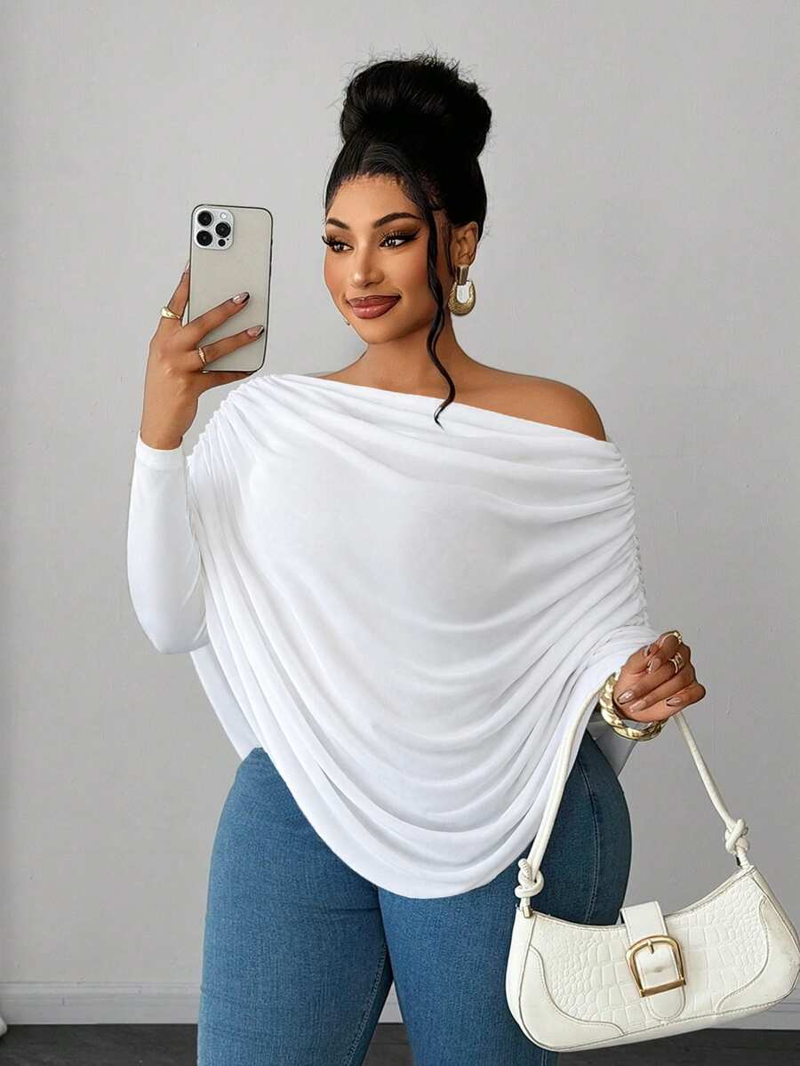 Maweii Off-Shoulder Draped Long Sleeve Blouse, Solid Color Elastic Knit Cold Shoulder Elegant Top - White - View 1