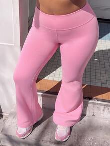 SHEIN Sovereign Charm Women's Plus Size Pocket Flare Leggings - Pink - View 4