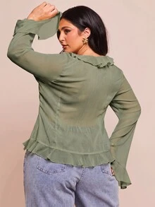 SHEIN BAE 大尺碼女款優雅純色透視荷葉邊喇叭袖雪紡長袖襯衫，浪漫約會早午餐晚宴適用，鼠尾草綠，夏季 - 軍綠色 - 查看 2