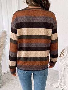 SHEIN LUNE 女款條紋圓領落肩長袖休閒運動衫 - 白色 - 查看 2