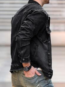 Manfinity LEGND Men's Black & Grey Youth Street Style Frayed Denim Jacket - Black - View 3