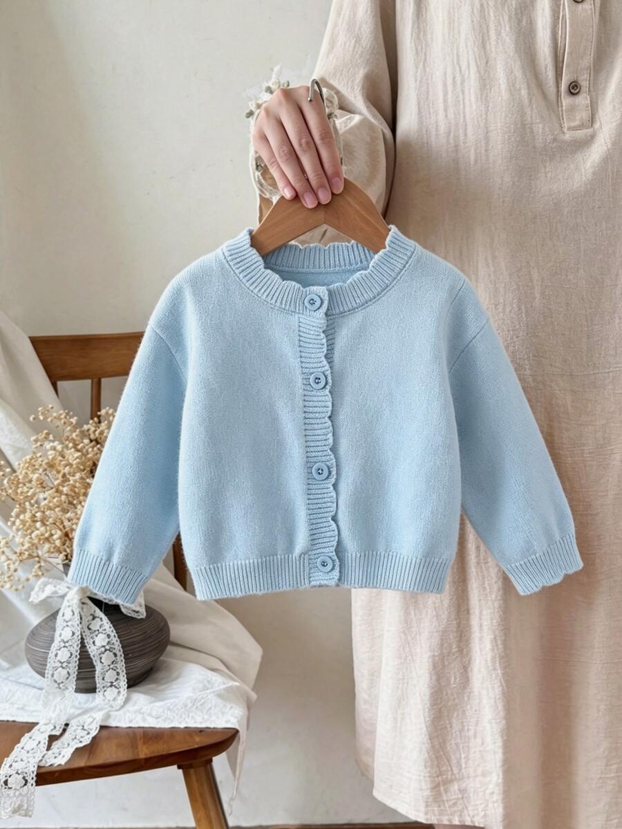 SHEIN Baby Girls Cardigans Round Neck Knitted Sweater Open Front Long Sleeve Jacket Suitable For Autumn/Winter Versatile - Baby Blue - View 1