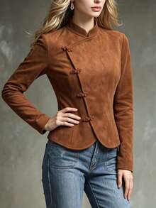 Trelyra Women's Fall Brown Stand Collar Frog Button Suede Jacket, Slant Placket Long-Sleeve Waisted Flared Top, Chic Occasion Wear For Daily Commute Office - Brown - View 4