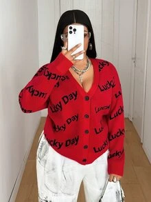 Maweii Plus Size Women's Letter Print Long Sleeve Single-Breasted Knit Cardigan Winter - Red - View 4