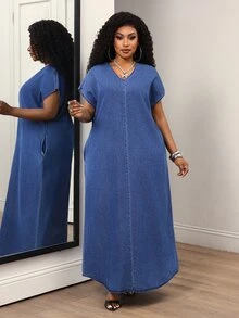 Slaydiva Plus Size Women's V-Neck Batwing Short Sleeve Casual Loose Denim Dress - Blue - View 5