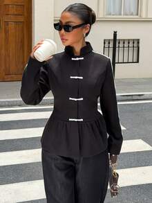 Muchica Women's Autumn New Black Modern Chinese Style Button-Down Ruffle Hem Regular Jacket For Going Out, Streetwear,Fall Winter 2026 - Black - View 4