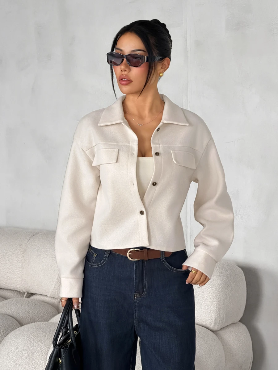 SHEIN PETITE Flap Pocket Drop Shoulder Button Front Overcoat In Fall/Winter Casual - Apricot - View 1