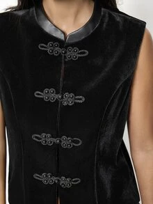 Maija Women's Stand Collar Frog Button Design Chinese Style Elegant Vest, Going Out Everyday Dinner Date Night Party Outfits, Work Outfits, Fall Black - Black - View 5
